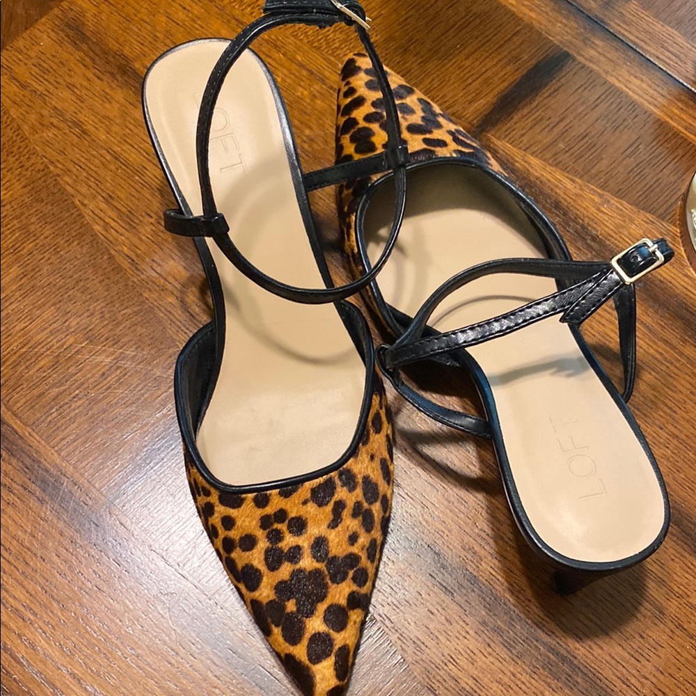 LOFT Leopard Print Haircalf Ankle Strap Heels
